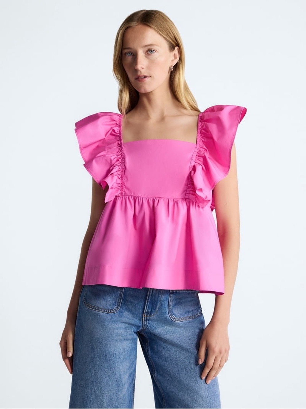 NWOT Free Assembly Square Neck Flutter Sleeve Cotton Babydoll Top, Pink – Large